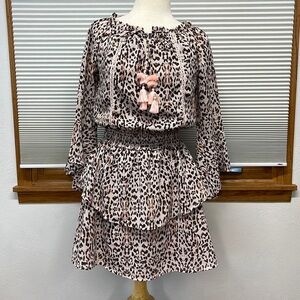 Express Pink and Brown Leopard Animal Print Tiered Mini Dress Size XS